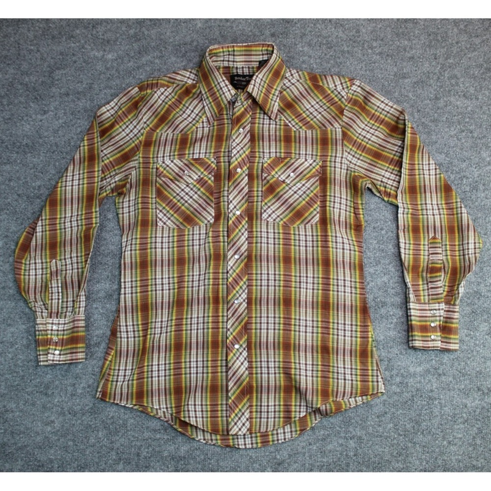 Vintage Border Town Western Shirt Pearl Snap Button Plaid Men's Medium Long Tail